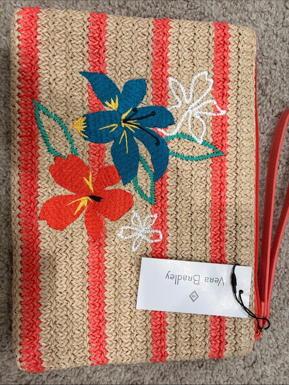 Vera Bradley Straw Clutch with Coral Stripes & Blue Floral Embroidery